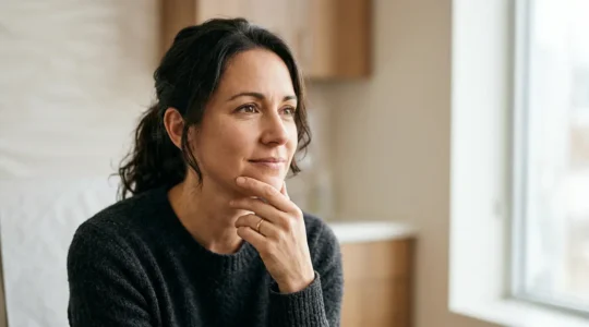 Persona adulta in riflessione prima di una decisione medica importante per la chirurgia del labbro leporino