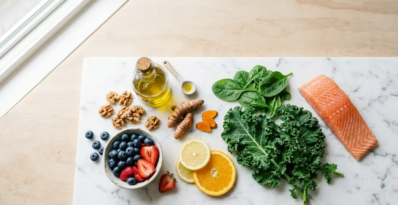 Composizione minimalista di cibi antinfiammatori freschi e colorati per contrastare l'invecchiamento cutaneo