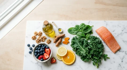 Composizione minimalista di cibi antinfiammatori freschi e colorati per contrastare l'invecchiamento cutaneo