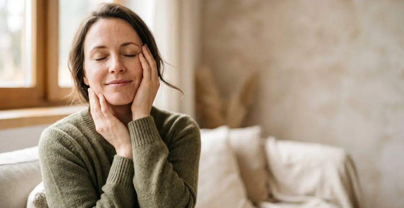 Donna serena in equilibrio tra corpo e mente, luce naturale soffusa