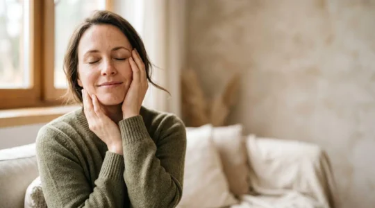 Donna serena in equilibrio tra corpo e mente, luce naturale soffusa