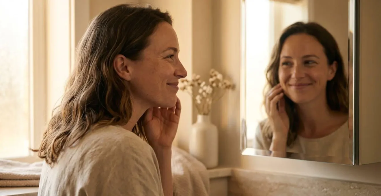 Donna serena che si guarda allo specchio con espressione di accettazione e gratitudine verso se stessa