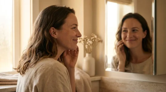 Donna serena che si guarda allo specchio con espressione di accettazione e gratitudine verso se stessa