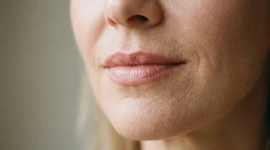 Primo piano estetico di labbra naturalmente volumizzate dopo intervento rigenerativo con grasso autologo