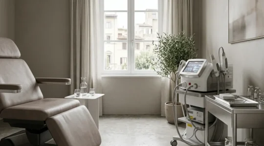 Ambiente medico professionale con attrezzature certificate per trattamenti estetici sicuri