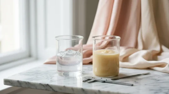 Illustrazione editoriale che rappresenta la scelta tra protesi mammarie e lipofilling per corporature magre