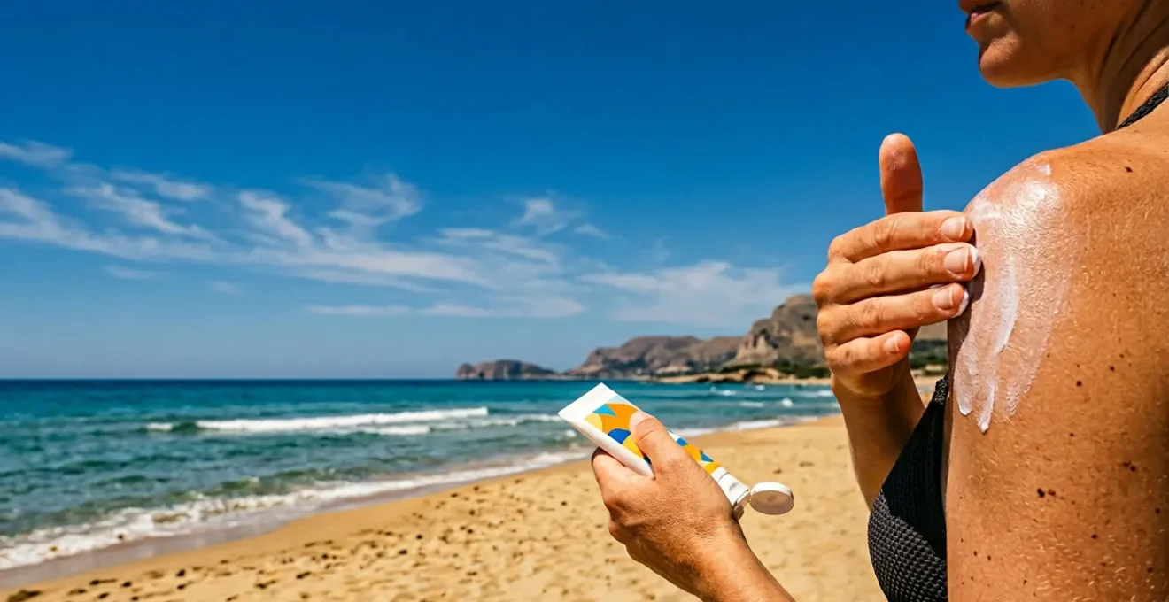 Applicazione di crema solare su pelle esposta al sole intenso estivo mediterraneo