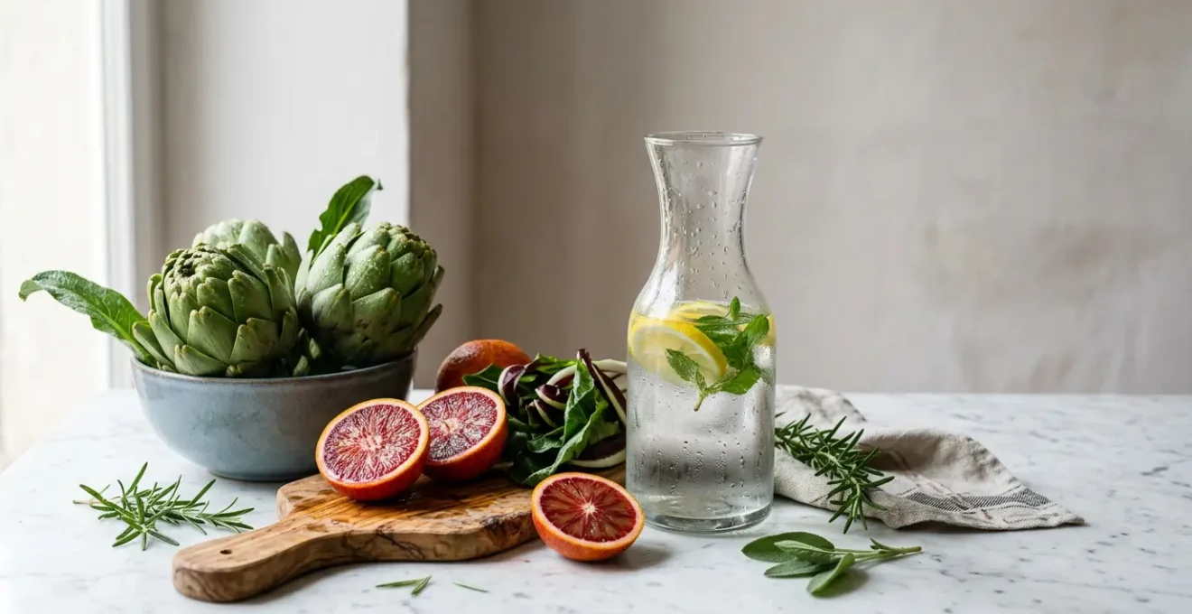 Composizione naturale mediterranea con elementi detox italiani per la salute della pelle