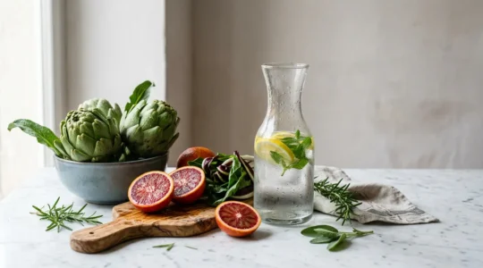 Composizione naturale mediterranea con elementi detox italiani per la salute della pelle