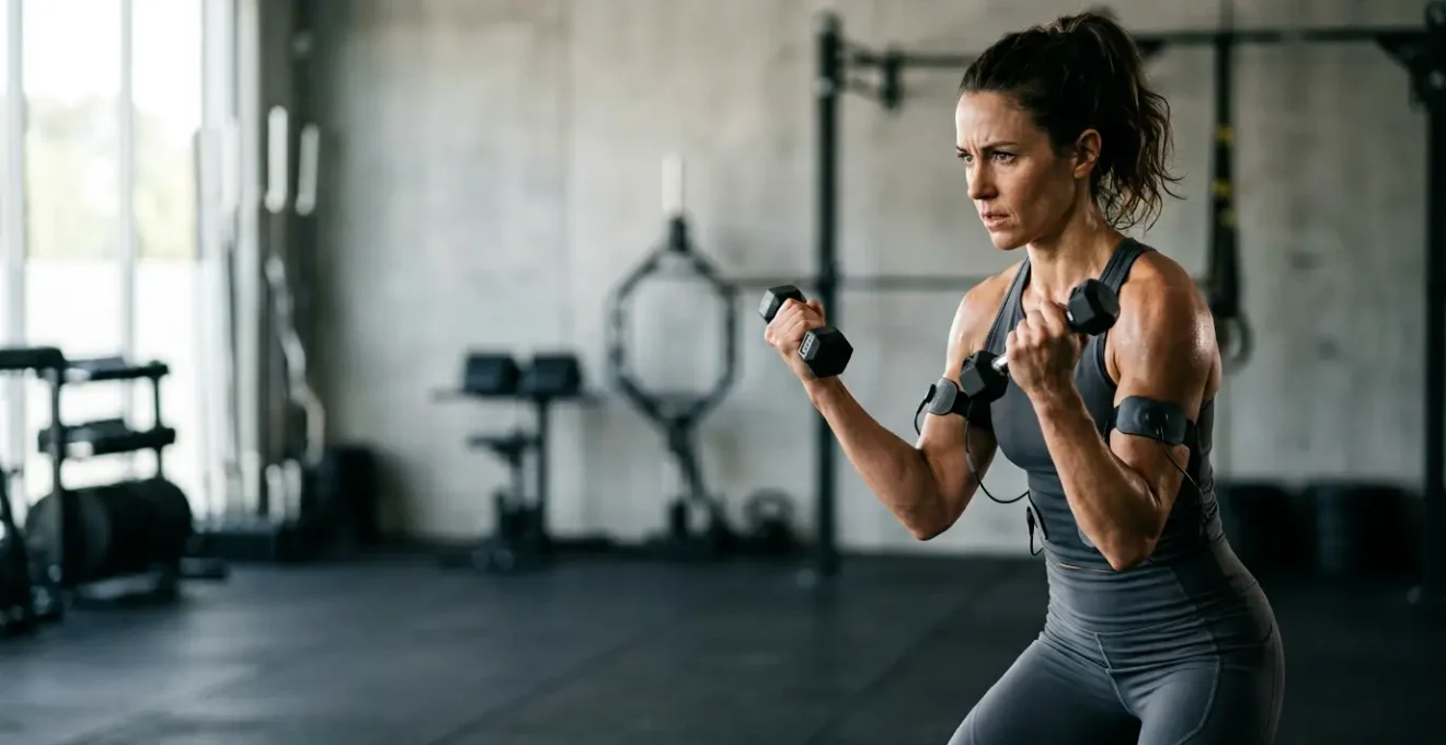 Atleta durante sessione di allenamento EMS per tonificazione gambe e glutei in ambiente palestra moderno