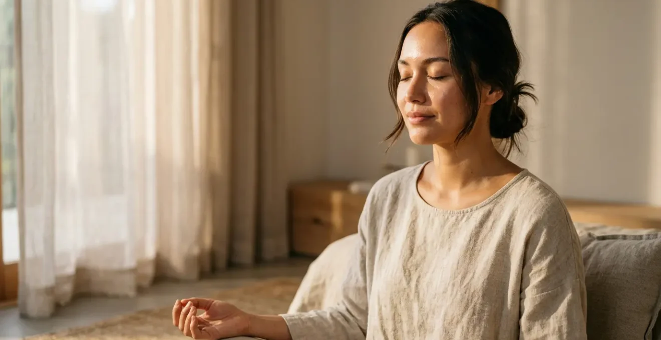 Persona in meditazione mattutina con luce naturale che illumina il viso sereno