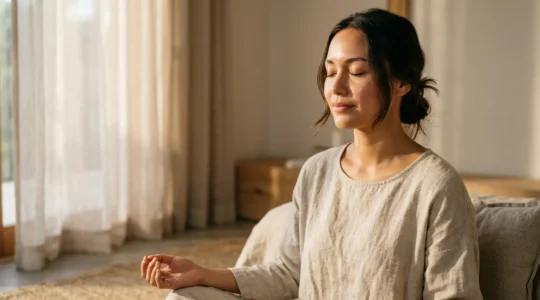 Persona in meditazione mattutina con luce naturale che illumina il viso sereno