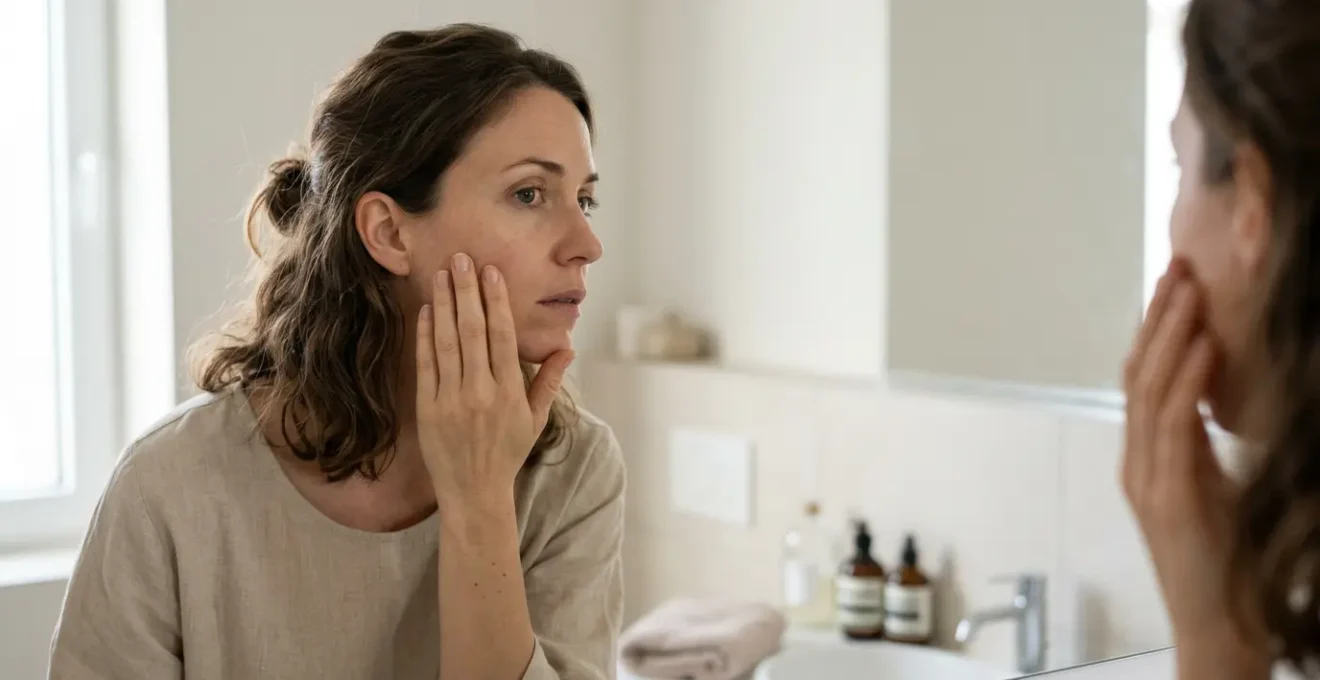 Donna che osserva la propria pelle opaca allo specchio con luce naturale