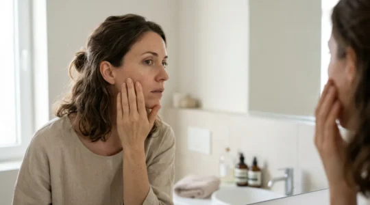 Donna che osserva la propria pelle opaca allo specchio con luce naturale