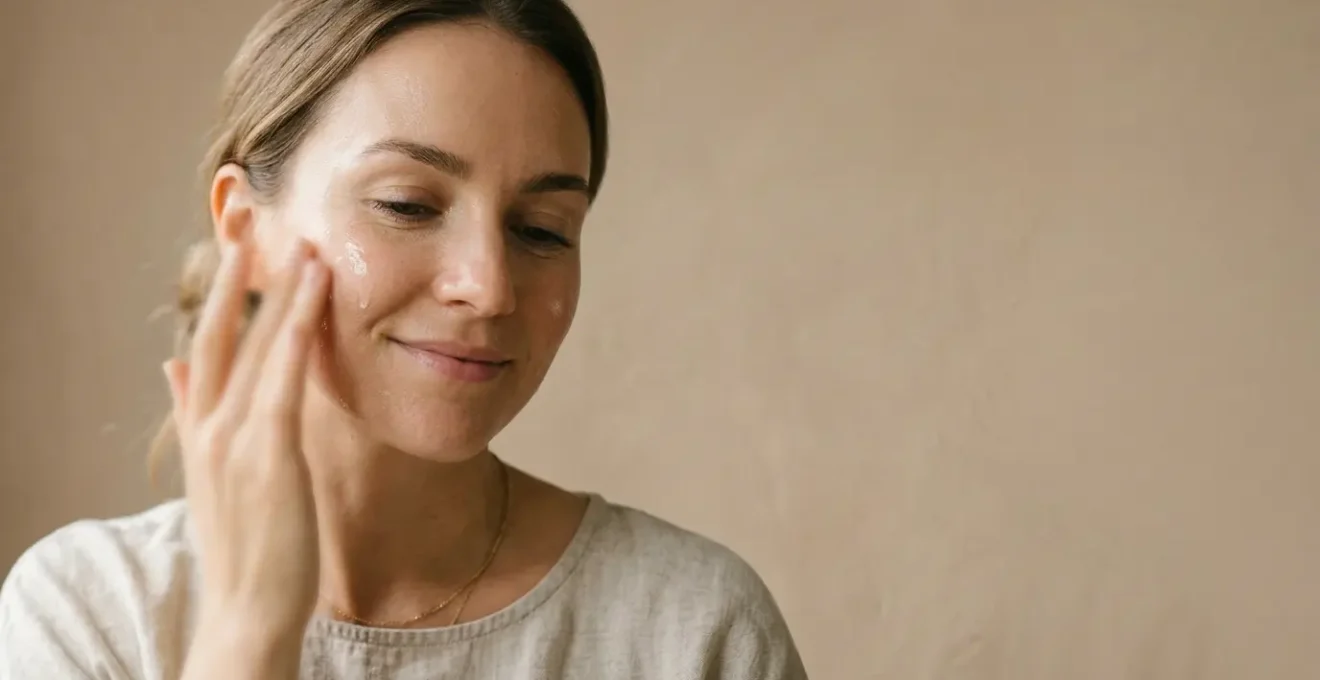 Donna con pelle luminosa e idratata che applica siero viso su sfondo minimalista