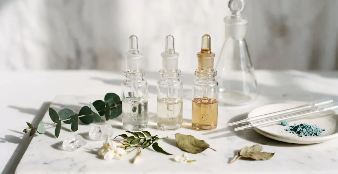 Composizione editoriale con ingredienti cosmetici attivi e texture scientifica per la selezione di cosmeceutici