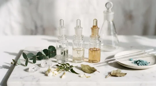 Composizione editoriale con ingredienti cosmetici attivi e texture scientifica per la selezione di cosmeceutici