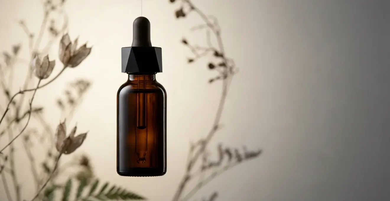 Siero cosmetico al retinolo con texture dorata e elementi naturali minimalisti su sfondo pulito