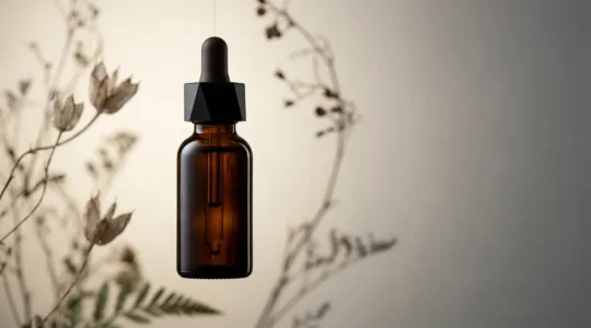 Siero cosmetico al retinolo con texture dorata e elementi naturali minimalisti su sfondo pulito