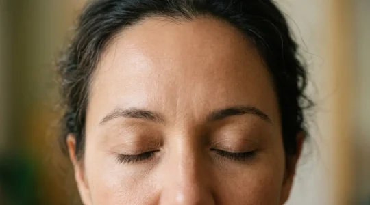 Primo piano di una fronte distesa con espressione naturale e serena, illuminazione morbida che evidenzia la texture della pelle
