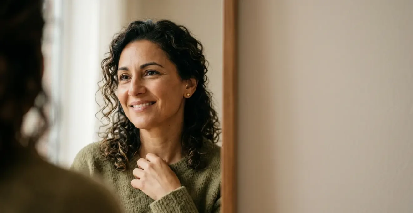 Donna di 45 anni che guarda con serenità il proprio riflesso dopo un trattamento estetico al mento