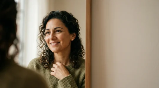 Donna di 45 anni che guarda con serenità il proprio riflesso dopo un trattamento estetico al mento