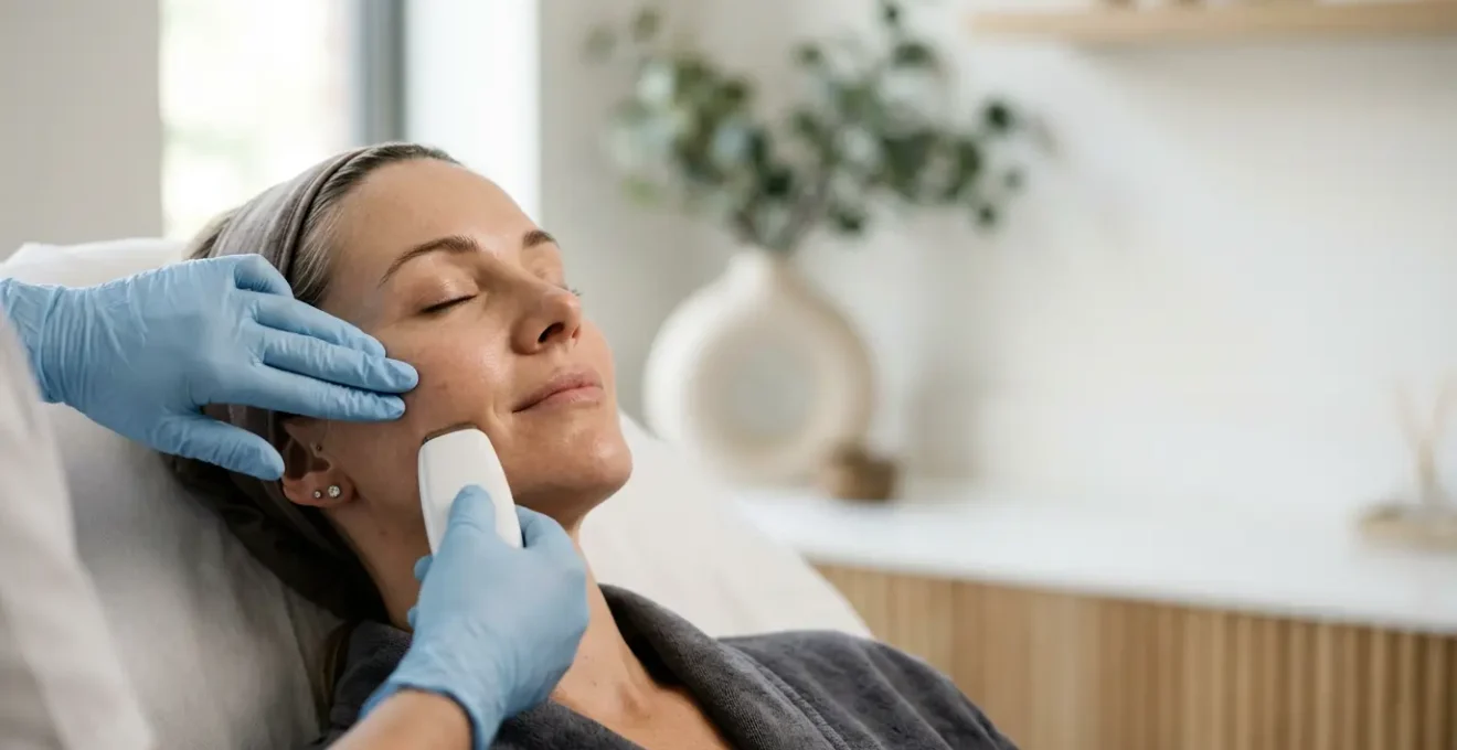 Primo piano di un volto femminile rilassato durante un trattamento estetico professionale in ambiente clinico elegante