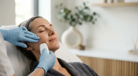 Primo piano di un volto femminile rilassato durante un trattamento estetico professionale in ambiente clinico elegante