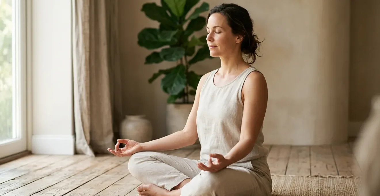 Persona in postura di meditazione yoga con espressione serena che trasmette benessere interiore e salute della pelle