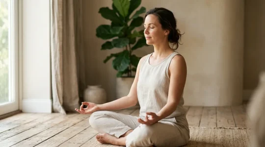 Persona in postura di meditazione yoga con espressione serena che trasmette benessere interiore e salute della pelle