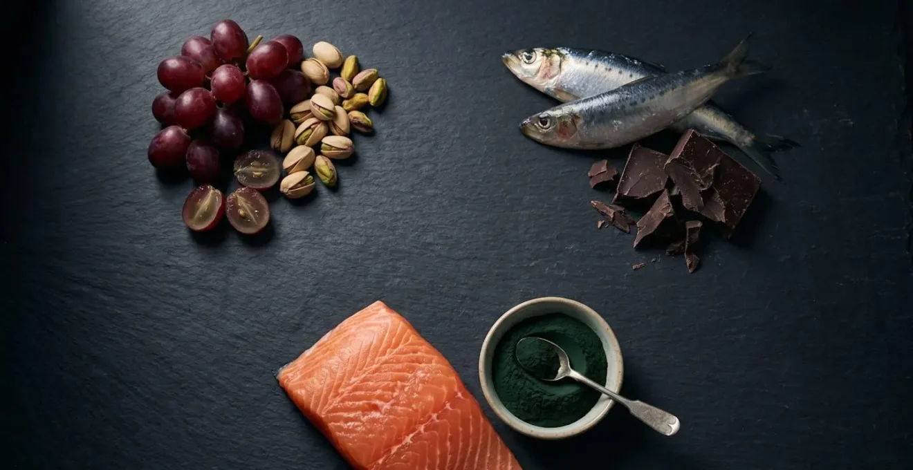 Composizione simbolica di alimenti ricchi di resveratrolo, CoQ10 e astaxantina disposti creativamente