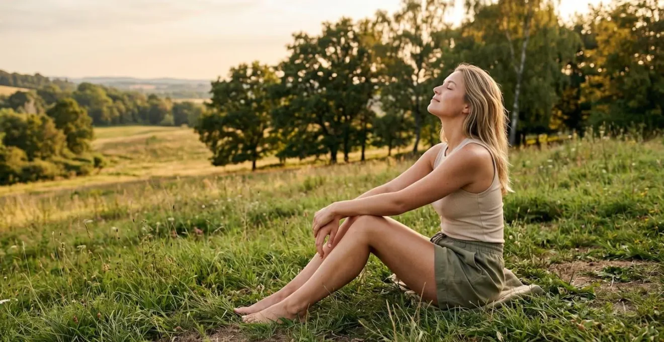 Persona che espone braccia e gambe alla luce solare mattutina in ambiente naturale sereno per sintesi vitamina D