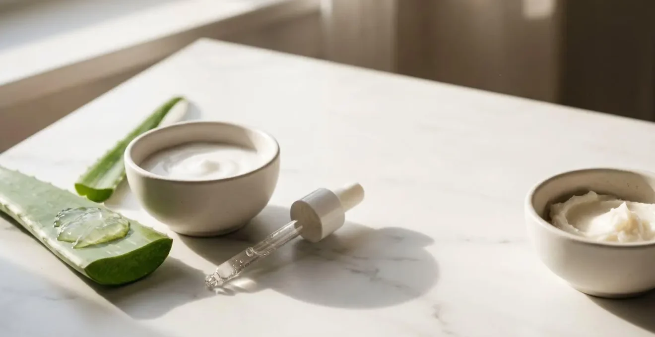 Composizione minimalista di ingredienti naturali per la cura della pelle sensibile