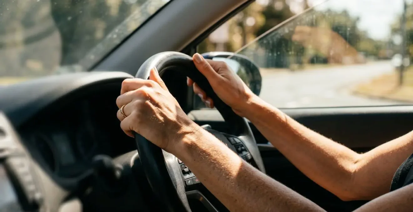 Mani femminili al volante di un'auto con luce solare intensa che filtra attraverso il finestrino