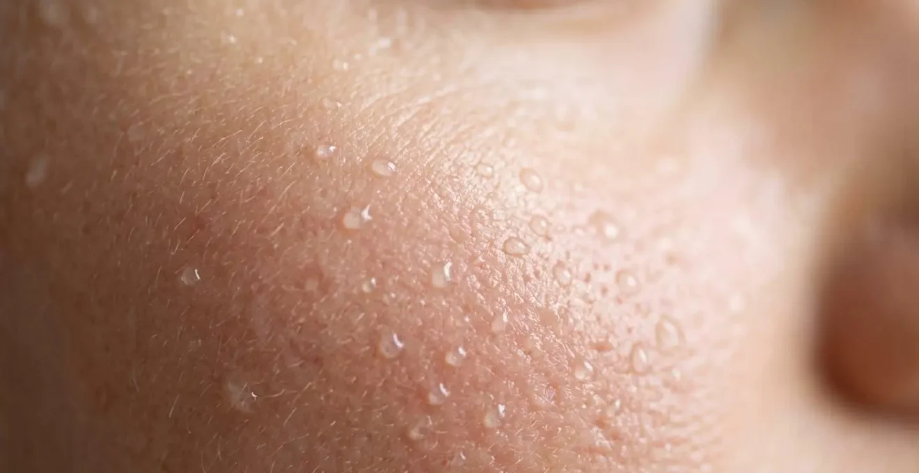 Dettaglio macro della pelle luminosa con gocce di rugiada che riflettono la luce