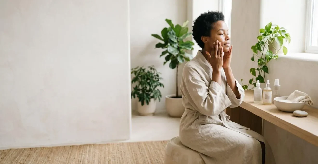 Applicazione delicata di siero viso con peptidi su pelle trattata in ambiente minimalista