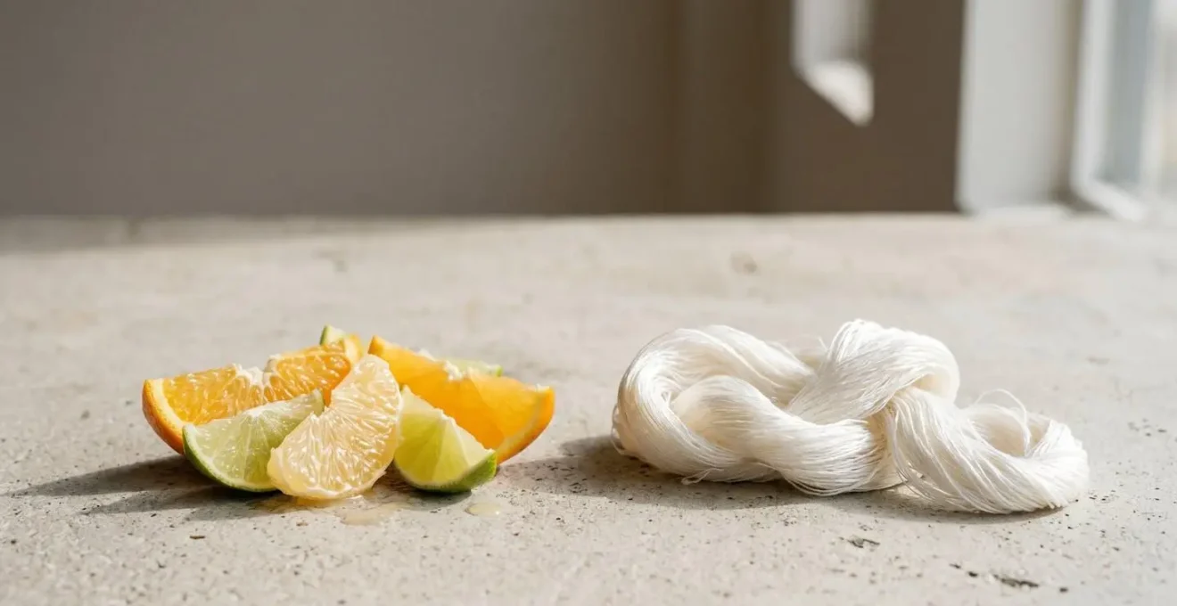 Composizione visiva che illustra la sinergia tra vitamina C e collagene nella formazione di fibre cutanee stabili