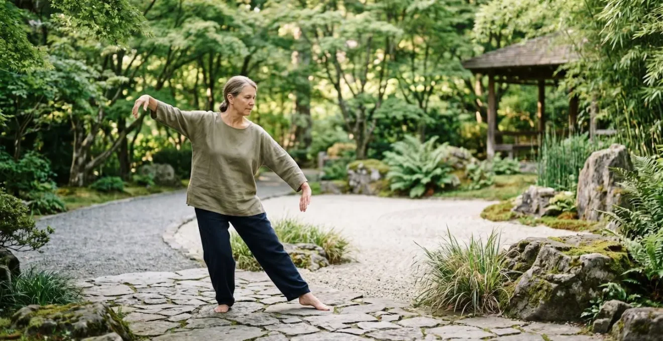 Praticante di Tai Chi in movimento lento e armonioso immerso nella natura