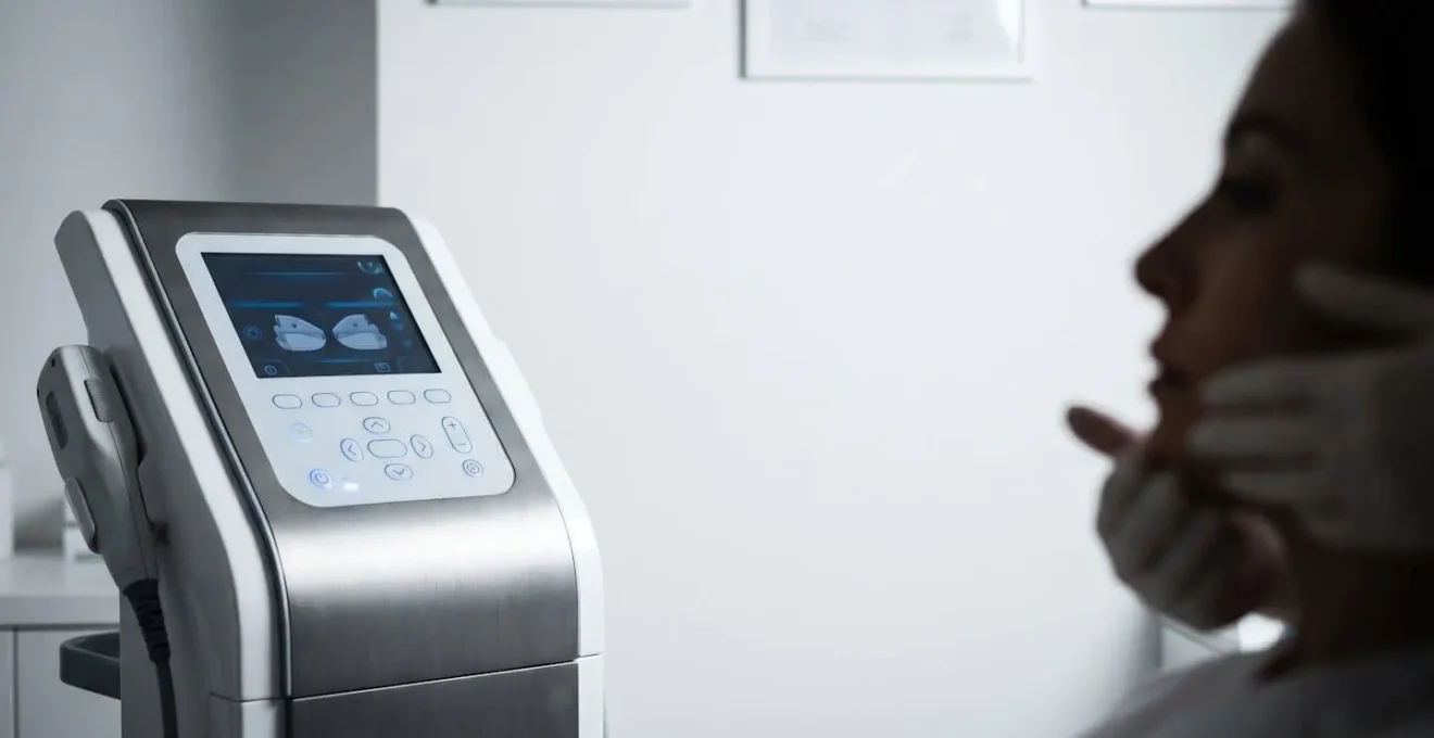 Scena minimalista di trattamento HIFU con dispositivo medico professionale in ambiente clinico controllato