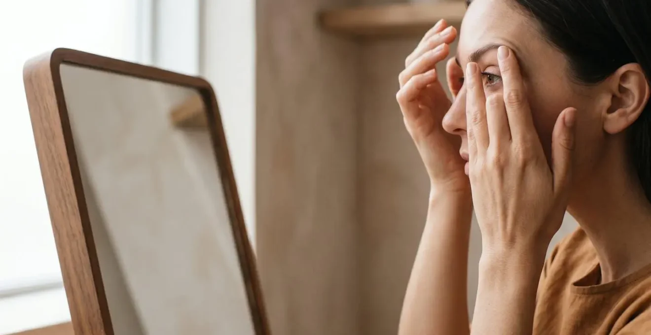 Mani femminili che sollevano delicatamente il sopracciglio davanti a uno specchio per valutare la causa della palpebra pesante