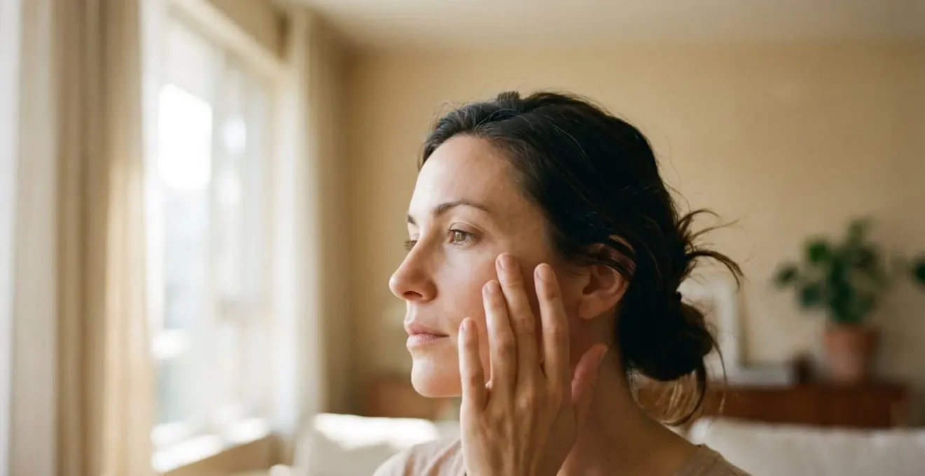Mani che eseguono un delicato test di elasticità sulla pelle del viso