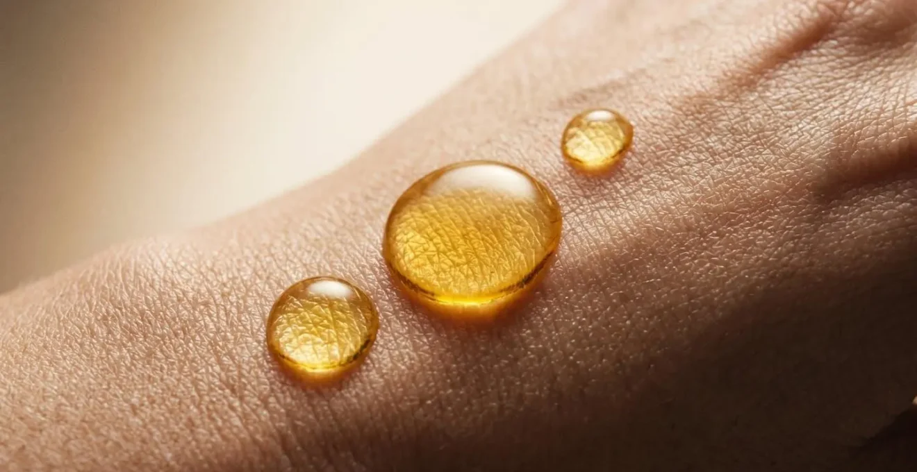 Gocce di olio dorato su superficie di pelle con texture naturale visibile