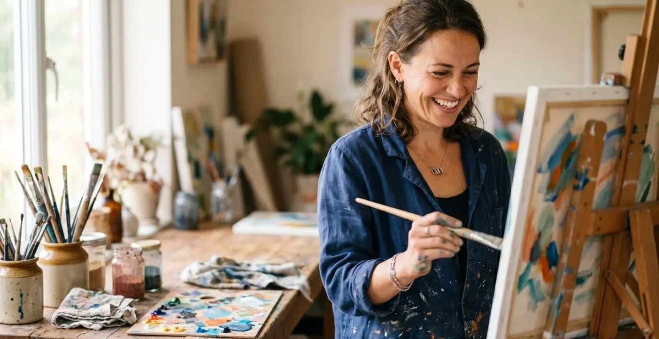 Ritratto di donna che esprime vitalità ed energia attraverso un'attività creativa che ama